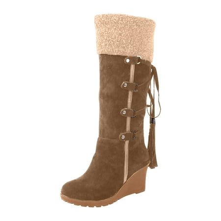 

hopeusnice Women s Fashion Suede Wedge Boots Winter Warm Knee High Boots Buckle Tassel Side Zipper Platform Booties Brown 38