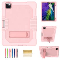 iPad Pro 12.9 inch 4th Generation 2020 Case with PET Screen Protector, Kids Case For iPad Pro 12.9 with Pencil Holder, Heavy Duty Rugged Dropproof Shockproof Case Kickstand Protective Cover, Rosegold