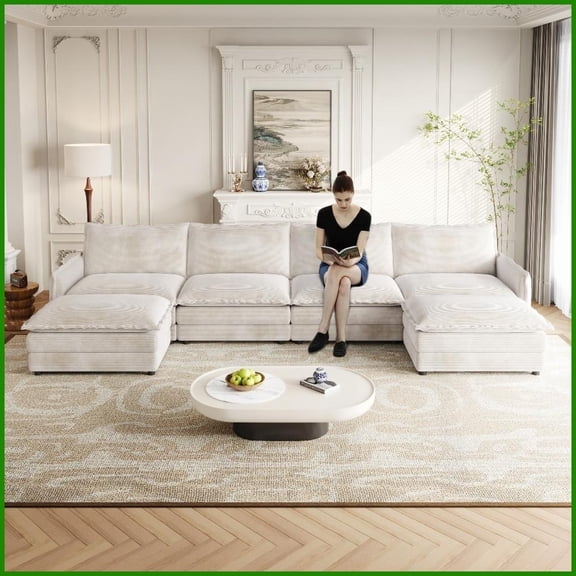 Comfy Cloud Oversized 4-Seater U-Shaped Corduroy Sofa with 2 Movable Footrests - Deep Seat Living Room Couch
