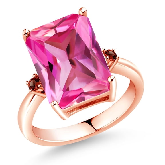 Gem Stone King 18K Rose Gold Plated Silver Pink Created Sapphire and Red Garnet Ring for Women (10.10 Cttw, Emerald Cut 14x10MM, Gemstone September Birthstone, Size 8)