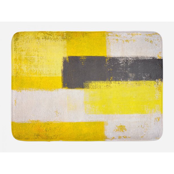 Grey and Yellow Bath Mat, Abstract Grunge Style Brushstrokes Painting Style, NonSlip Plush Mat