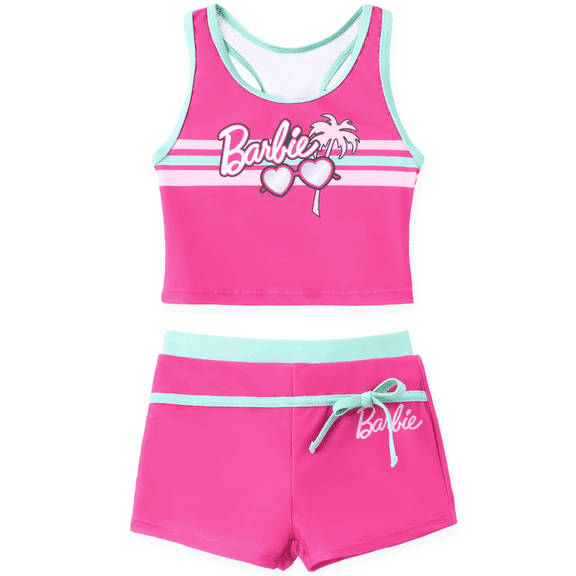 Barbie Girls Swimsuit Two Piece Set Tankini Crop Top Swim Shorts Bathing Suit Sizes 6-7Y