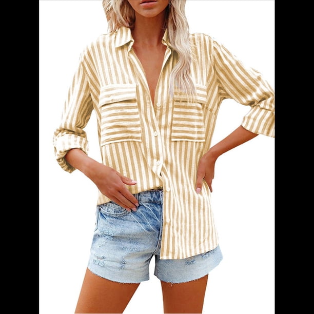 Camisas A Rayas con Botones para Mujer, Blusas Casuales de Larga con Cuello en V y Bolsillos Amarillo L