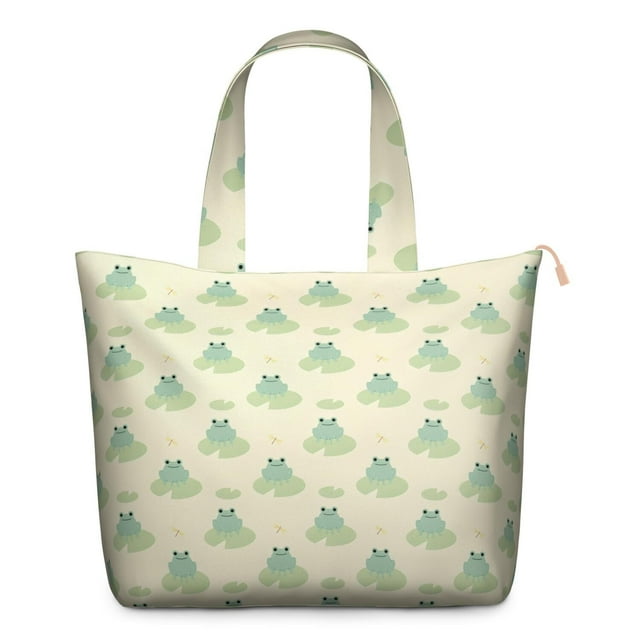 Cartoon Frog Travel Duffel, Green Frog and Flower Pattern Weekender Tote Bag, Cute Nature Print Multipurpose Lightweight Carry-on for Travel