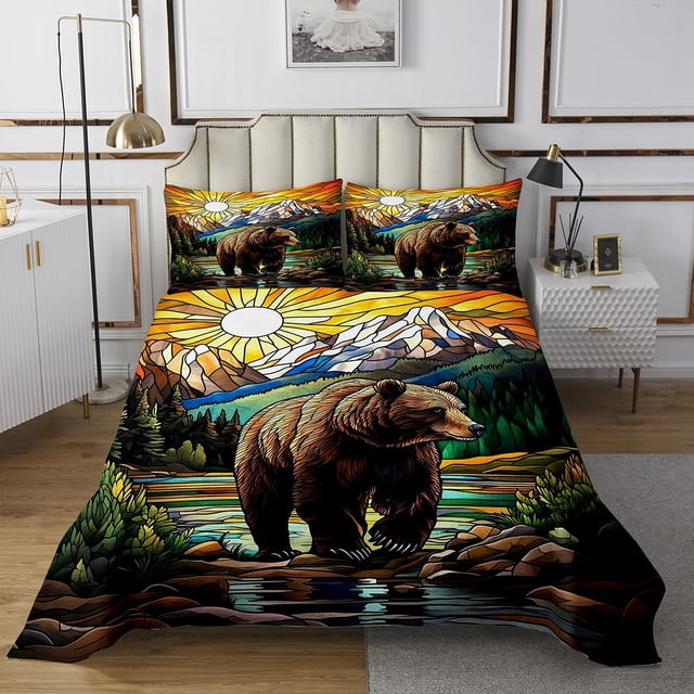 Erosebridal Hunting Bear Coverlet Set Twin, Natural Mountain Jungle Tree Bedding Set, Ultra Soft 2pcs