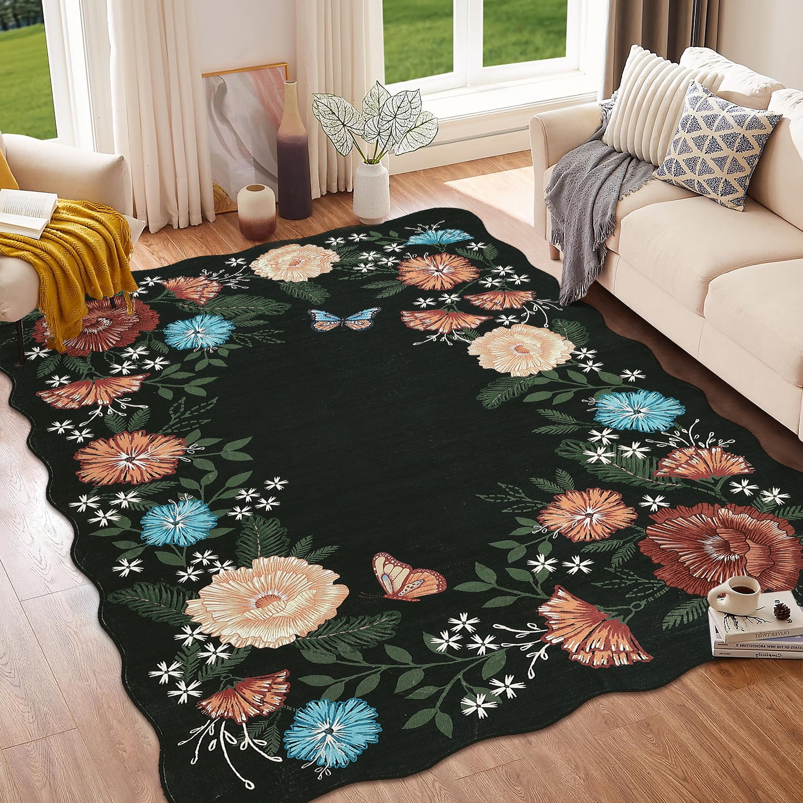 Garvee 10'x13' Floral Area Rugs, Washable Boho Rugs Ultra Soft Print Carpet, Non-Slip Low Pile Rug Stain Resistant Distressed Indoor Rugs for Living Room Bedroom Dining Room, Black