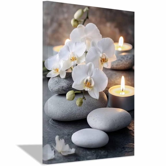 Mudket White Orchid Flowers with Stones and Candles Canvas Wall Art, Calming Botanical Wall Decor, Framed Ready to Hang for Living Room Bedroom Bathroom Office, Relaxing Floral Poster - 12"L x 8"W