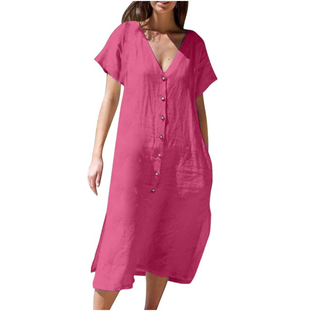 Vestido camisero con cordón y escote en V de un solo pecho de Color liso para mujer, vestido de lino y algodón con bolsillos Pompotops ghjkhdj13192