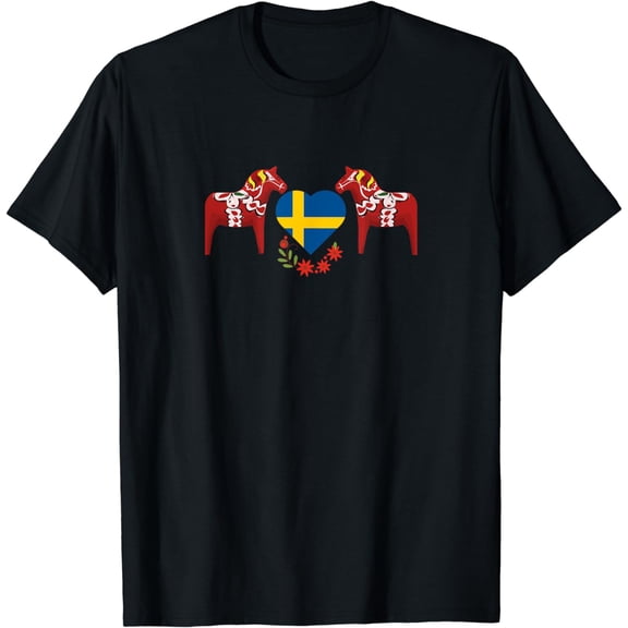 Sweden flag heart Swedish dala horses T-Shirt mens t shirt，black，women，funny，misfits，men，journey，t-shirt