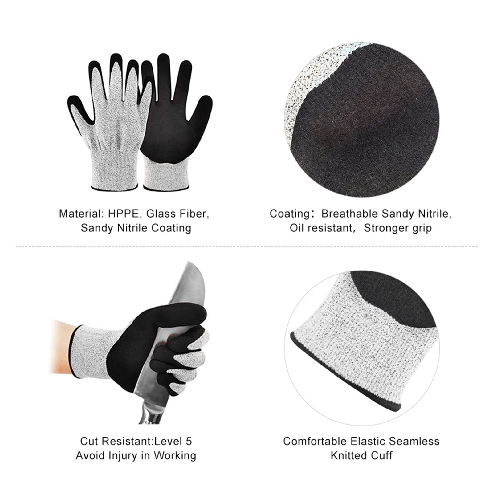 Work Gloves Black Nitrile Sandy Coating Cut Resistant Gloves Anti Slip Safety Working Construction Gloves Safety Work Glove ,Superior Abrasion