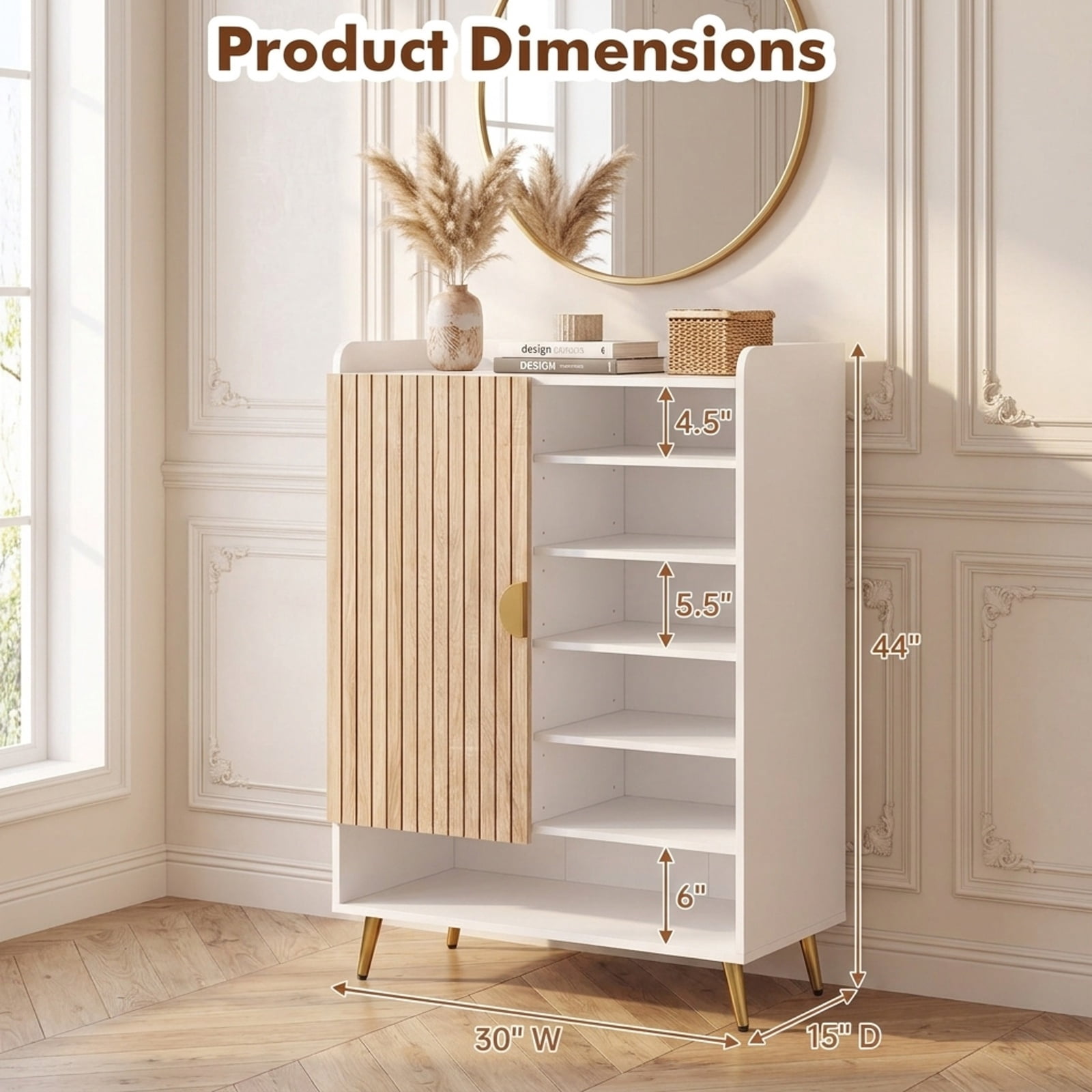 Furnibear 44 Inch Tall Shoe Storage Cabinet with 7 Tier Doors and Adjustable Shelves for Entryway Hallway Closet, Natural