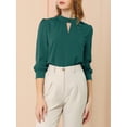 thumbnail image 6 of INSPIRE CHIC Women's Stand Collar Pleated Button Keyhole Button Blouse L Deep Green, 6 of 8