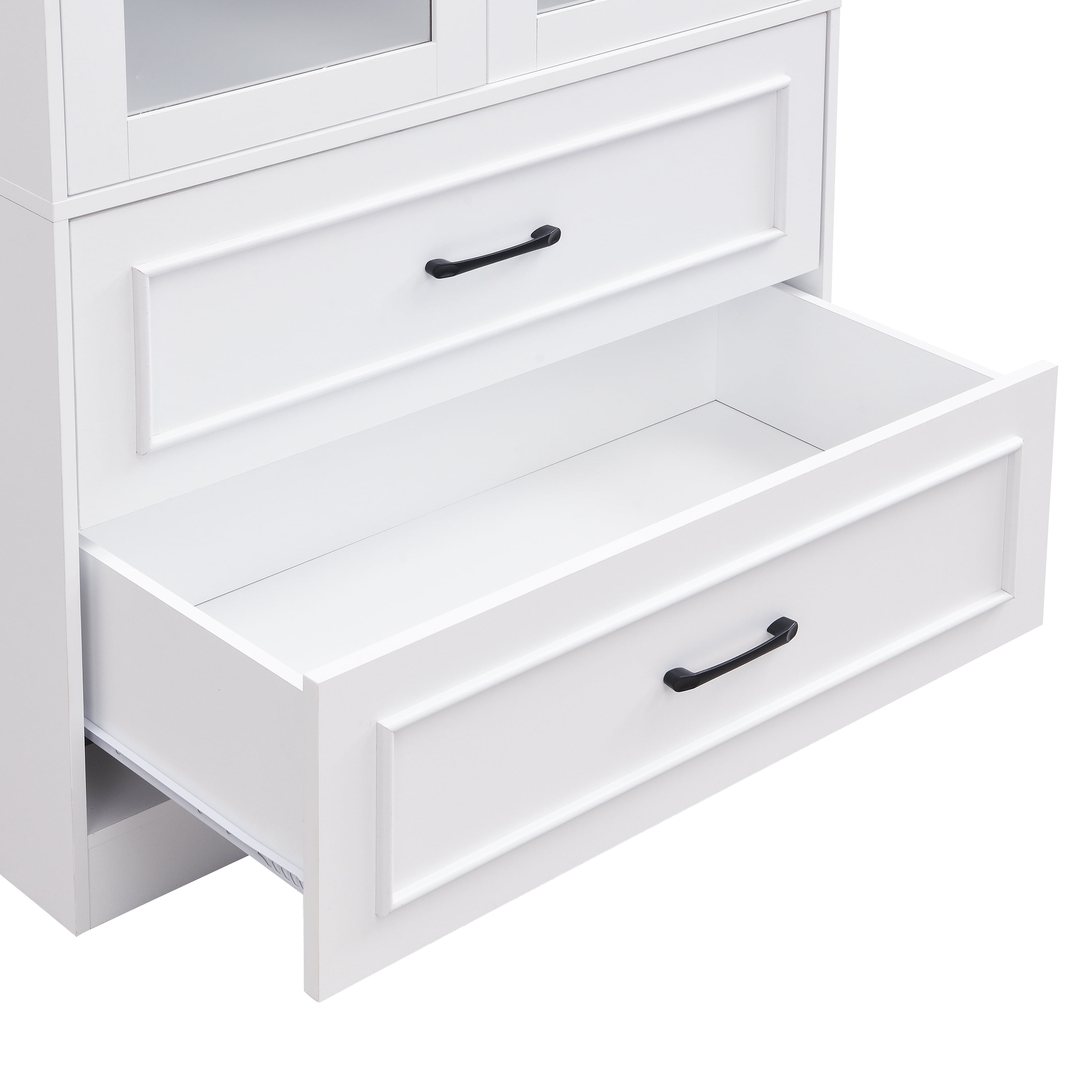 Storage Cabinet with Arched Top and Tempered Glass Doors, Tall Display Cabinet and Bookcase with 2 Drawers for Living Room, White