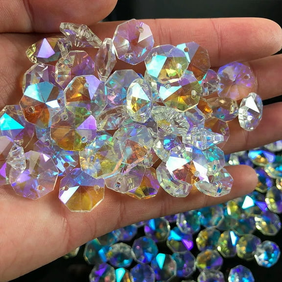 EOEMY 100Pc Ab Aurora Octagonal Bead Crystal Chandelier Suncatcher Prism Part Pendant