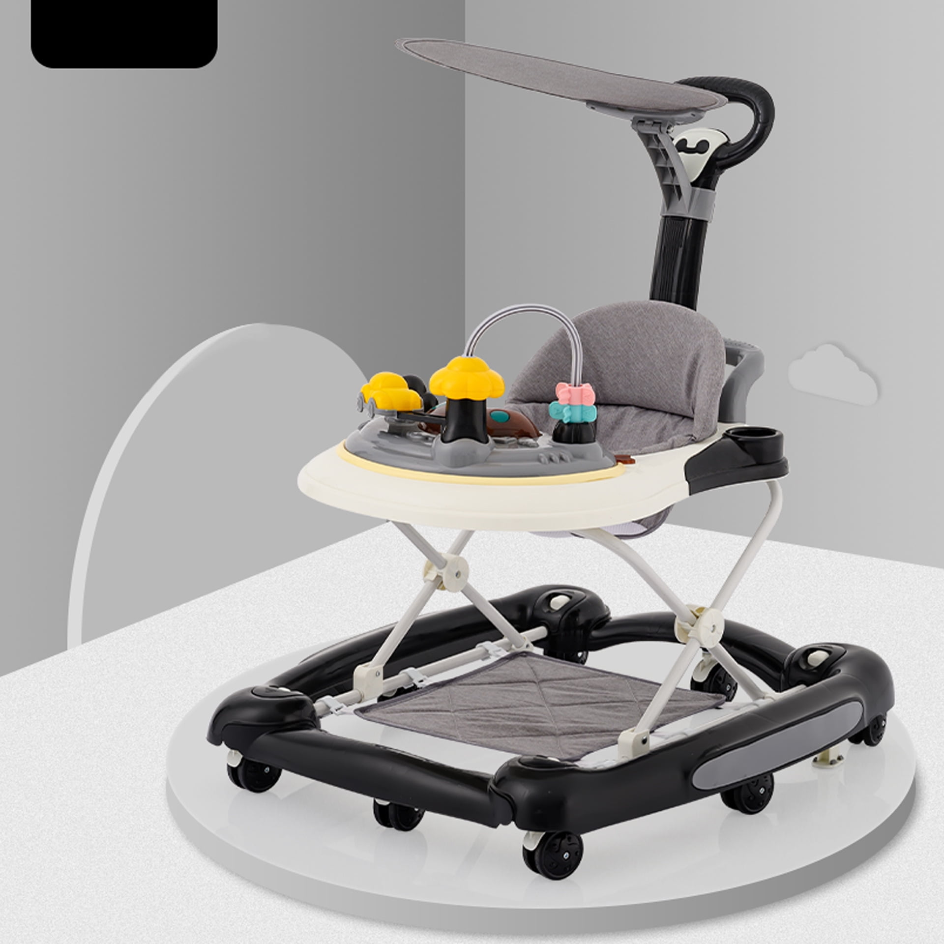 Canming Multifunctional Baby Walker with Sunshade and Toy Tray Adjustable Height Non-Slip Silent Wheels
