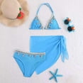 thumbnail image 4 of Pandaie Girls 3 Piece Bikini Set Halter Triangle Top Ribbed Swimsuit Cover Up Skirt Cute Swimwear Teen Backless Beach Bathing Suit 11-12 Years Blue, 4 of 7