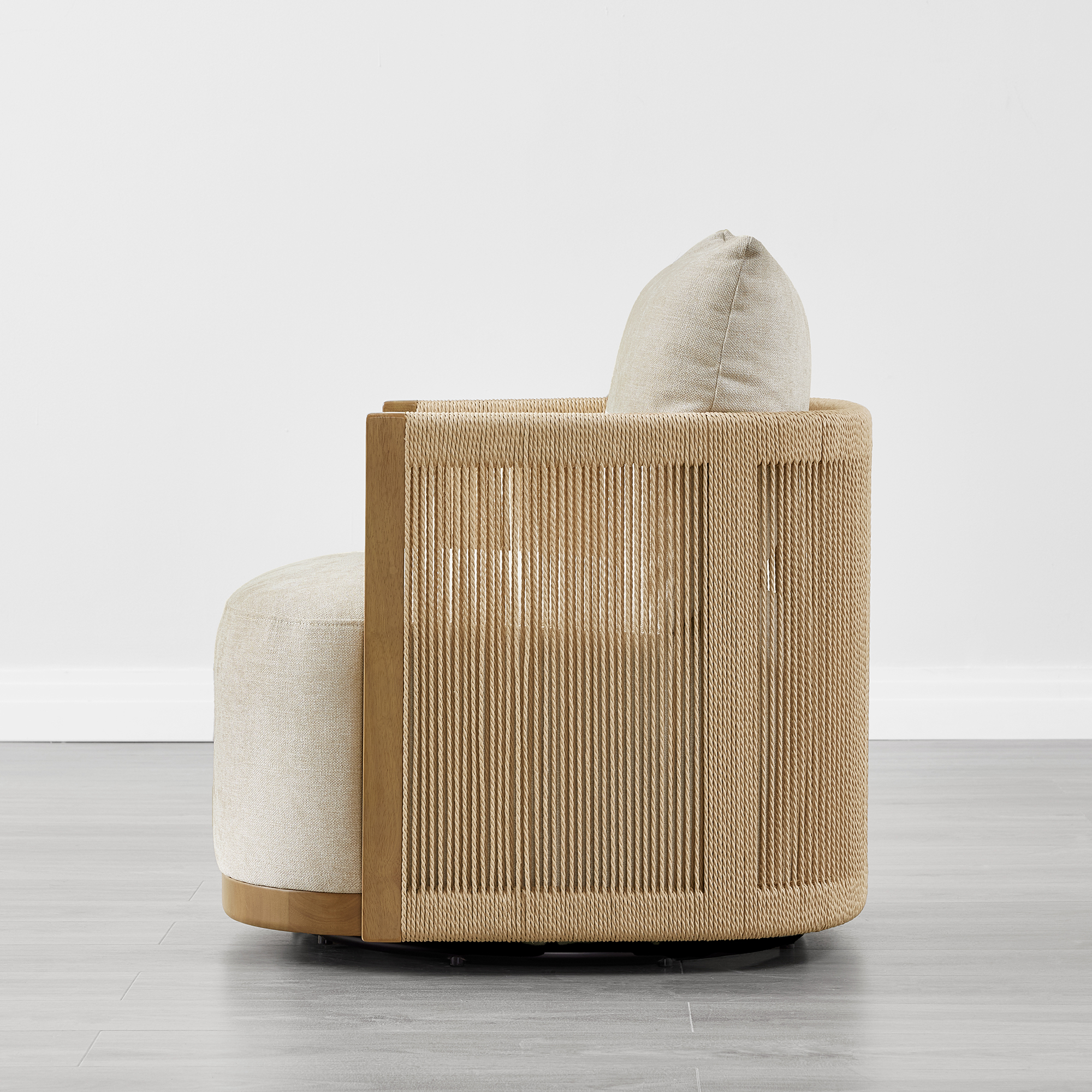 Spruce & Spring Boho Swivel Accent Chair with Hand-Woven Paper Cord and Solid Wood Frame, Single, Linen