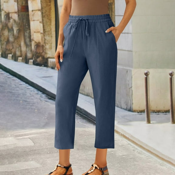 QUNYINEY Solid Womens Capris Cotton Linen Straight High Waist Casual Cropped Pant Drawstring Loose with Pockets Pants