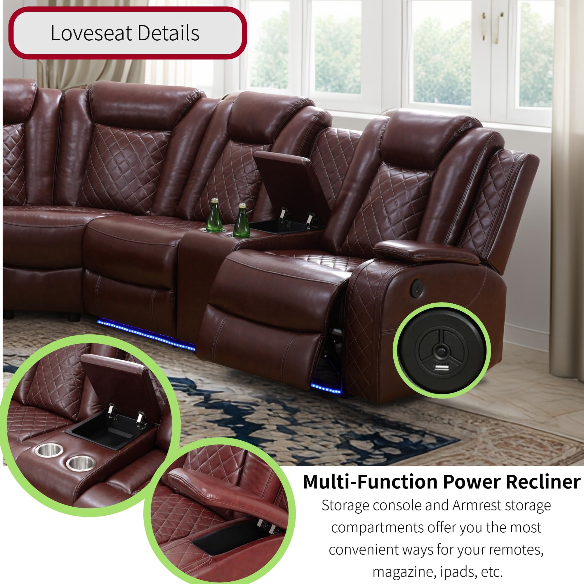 Aukfa 3-Piece Power Recliner Sofa Set 6 Seat Sectional Couch with LED Light, Cup Holders&Storage Console, Burgundy