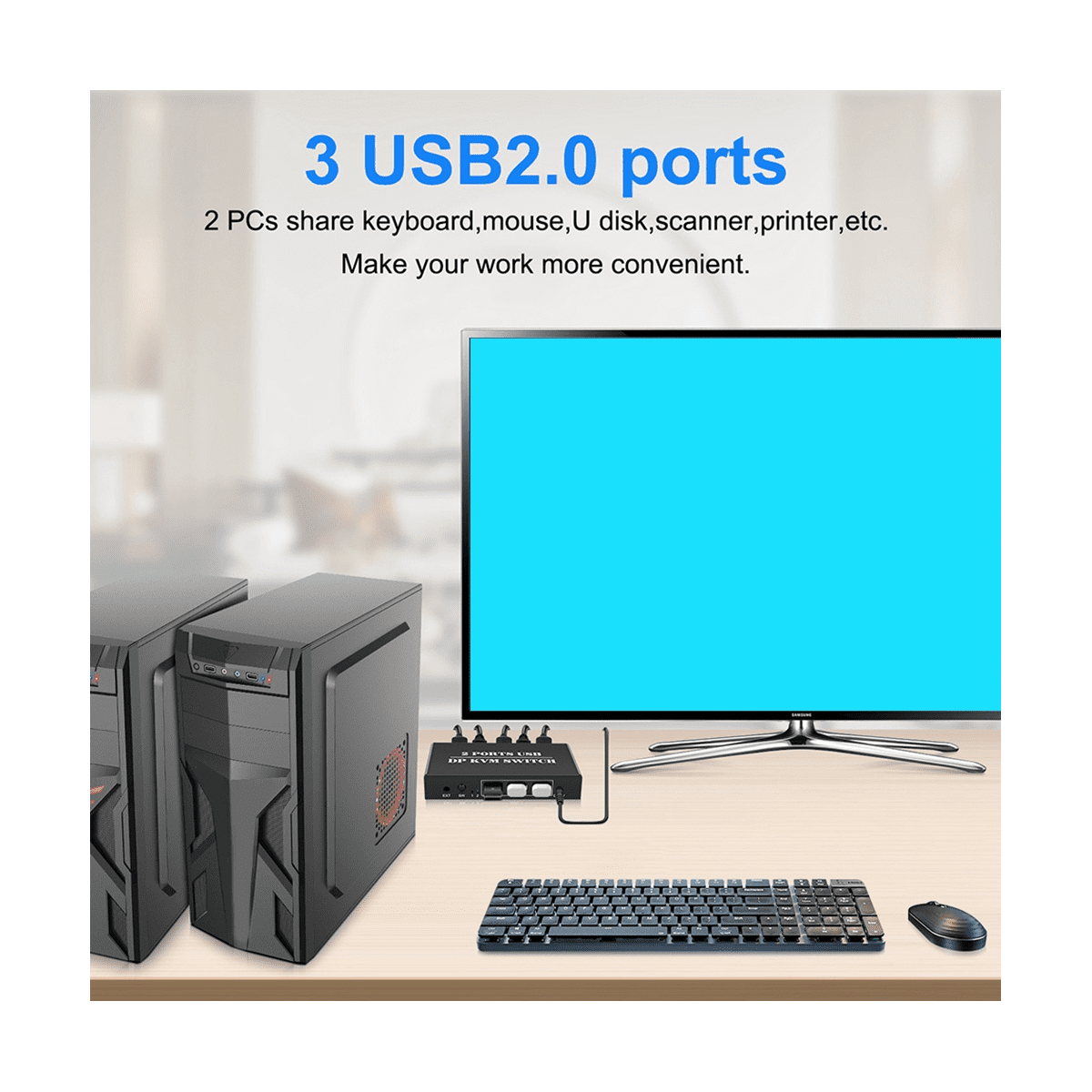 DP KVM Switch 2 Port 8K@30Hz Displayport1.2 Switch 2 in 1 Out with 3 USB2.0 Port for 2 PC Laptop Share Keyboard Mouse