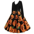 thumbnail image 4 of SwiftWear Women's Halloween V-Neck Pumpkin Print Long Sleeve Retro Dress - Spooky Delicate Party Plus Size Dresses with Stretchy Waist ​​S-3XL, 4 of 8