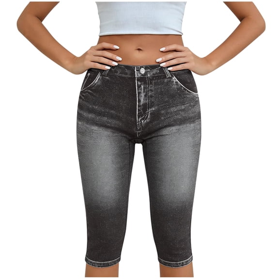 Enjoytime Womens Capri Pants Print High Waisted Stretchy Imitation Denim Yoga Leggings Summer Casual Capris