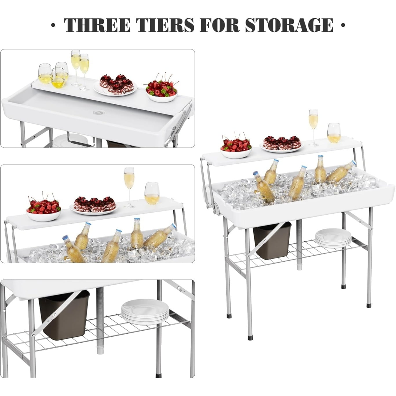Home Outdoor Ice Cooler Folding Table with Drain, Two-Tier Ice Tables with Removable Skirt and Extra Storage Shelf, Indoor Outdoor Use for Events, Parties, Wedding, Camping, BBQ