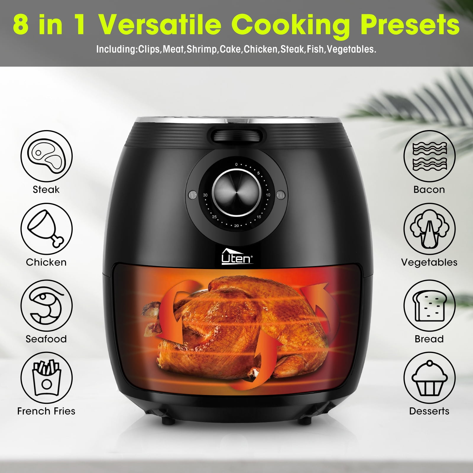 Uten 5.8 Qt Air Fryer, 1700 W 8-in-1 Oil-Free Air Fryer with Nonstick Basket, Black