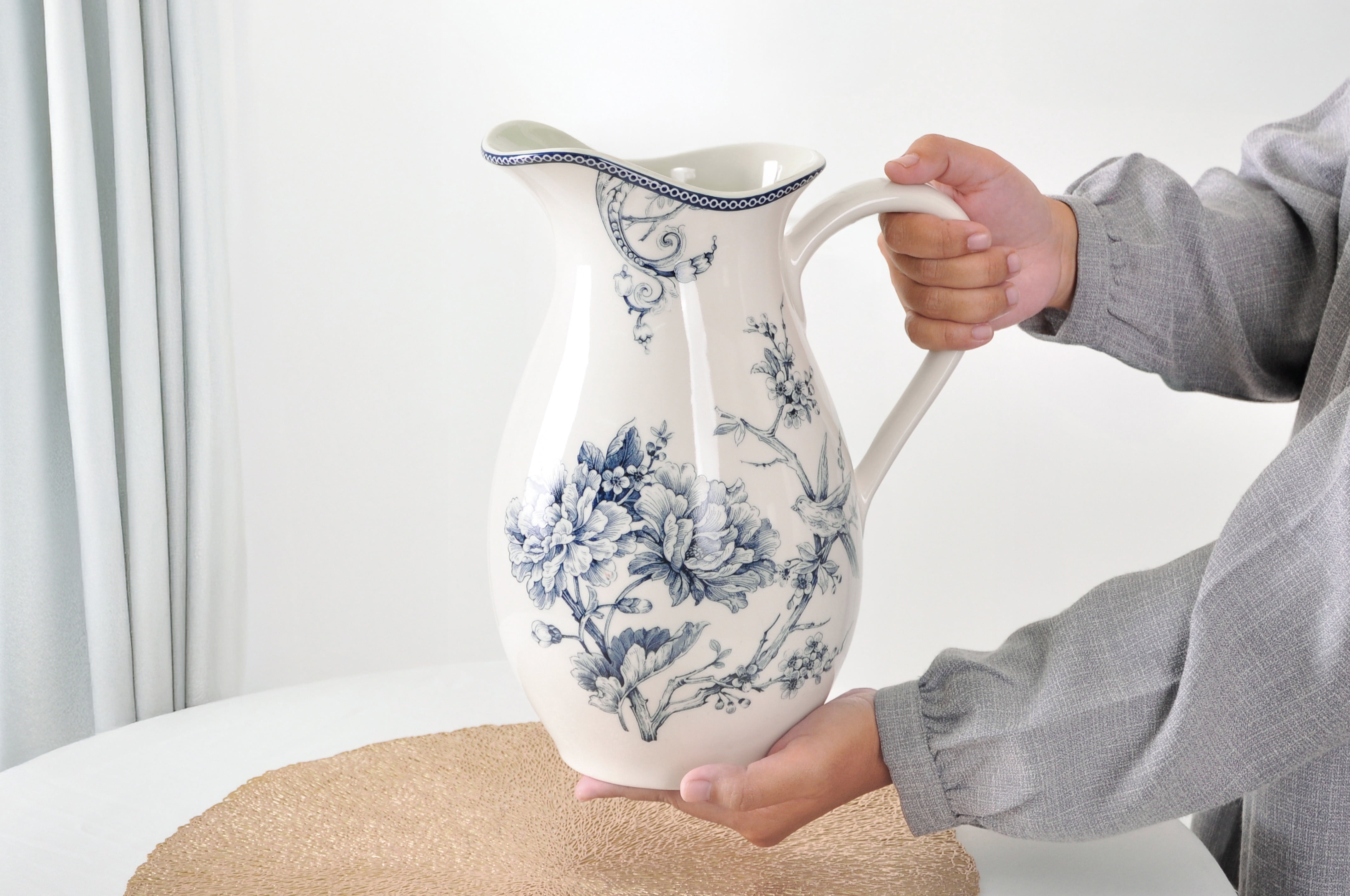 222 Fifth Adelaide Porcelain Pitcher, Blue & White Large Floral Vase, 100oz