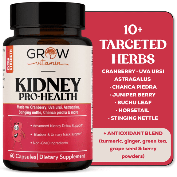 Grow Vitamin Kidney Pro-Health Supplement – Cranberry, Uva Ursi & Astragalus Extract, Bladder & Urinary Tract Support, Non-GMO, 60 Vegetable Capsules
