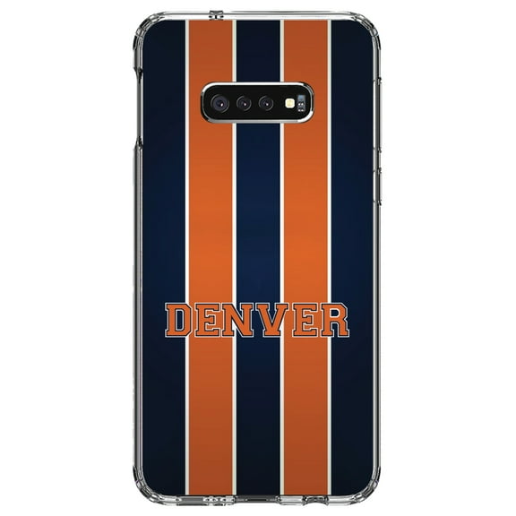 DistinctInk Clear Shockproof Hybrid Case for Samsung Galaxy S10e (5.8" Screen) - TPU Bumper, Acrylic Back, Tempered Glass Screen Protector - Orange Navy Broncos - Football Team