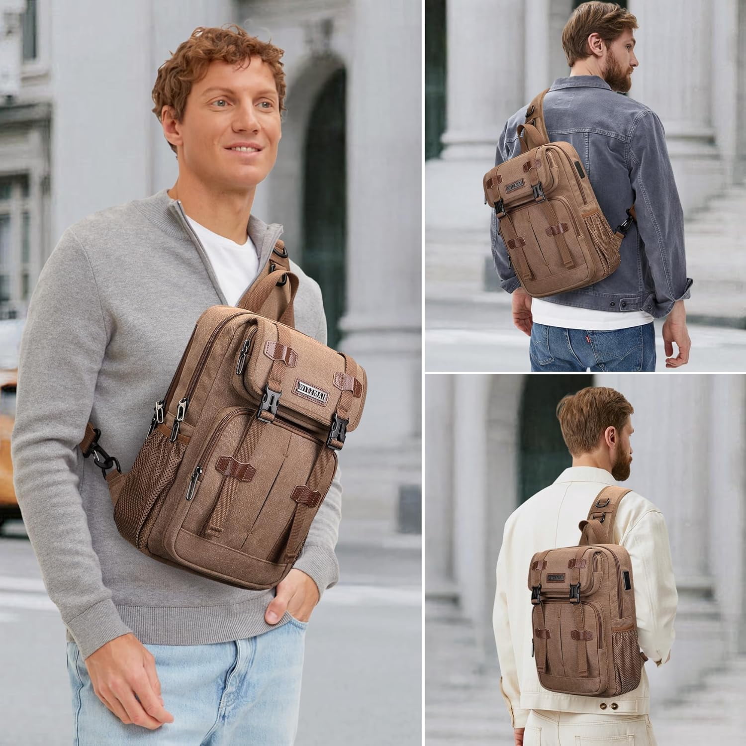 WITZMAN Sling Bag for Men Canvas Large Chest Bags Crossbody Bag with USB Charging Port for Travel Daily Work(A8019 Brown)