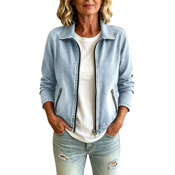 Edvintorg Denim Jacket for Women Fashion Long Sleeve Casual Loose Zip Up Jean Coat with Pockets Clothes for Women Light Blue L