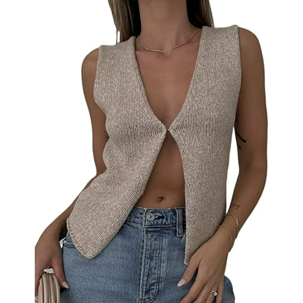 Women Knitted Sleeveless Sweater Vest Vintage Crochet V Neck Button Down Crop Tank Top Open Front Cardigans Y2k Streetwear