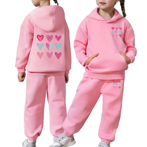 HUAXUN-Girls Heart Print 2PC Tracksuit Cotton Outfit Sweatshirts Sweatpants Set Youth Girls Pullover Casual Hooded Tops Pants Tracksuits,Matching Fleece Hoodie & Pants Set(A-Black,2-3Years)