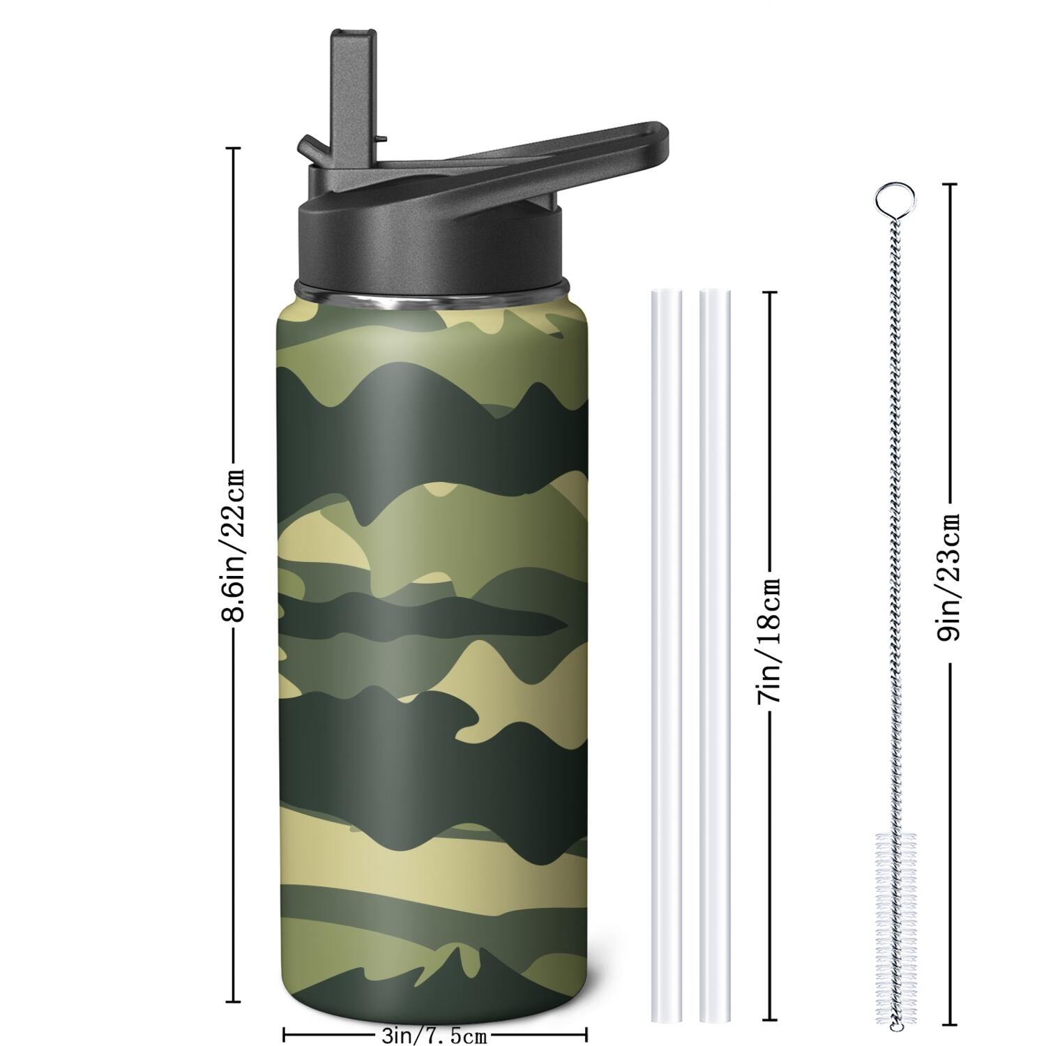 Camouflage Insulated Stainless Steel Water Bottle with Straw & Cleaning Brush – 18/32/40 Oz | Leakproof, BPA-Free, 304 Stainless Steel, Wide Mouth, Travel Mug for Car, Gym, Office