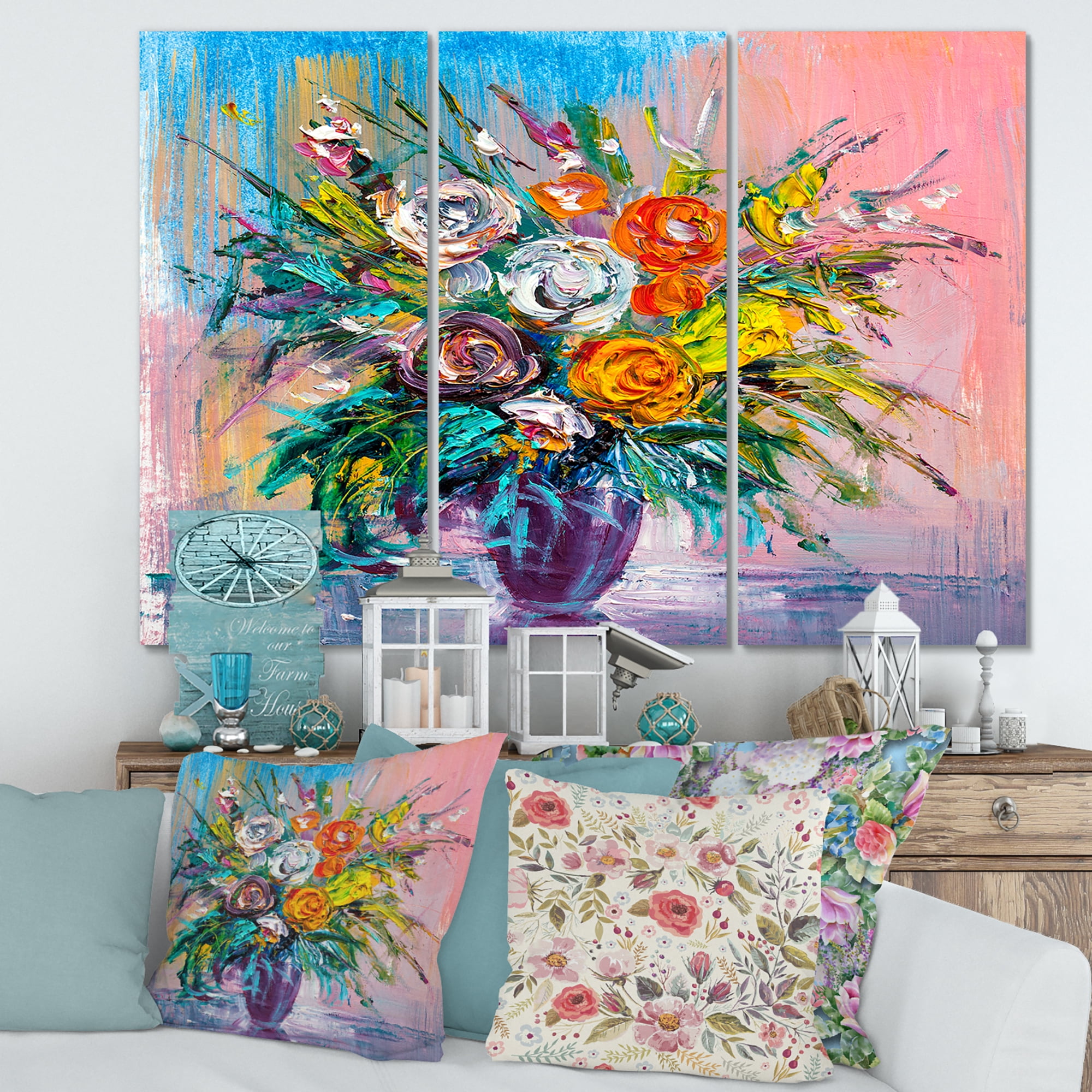 Bouquet Of Vibrant Colored Flowers 28 in x 36 in Painting Canvas Art Print, by Designart