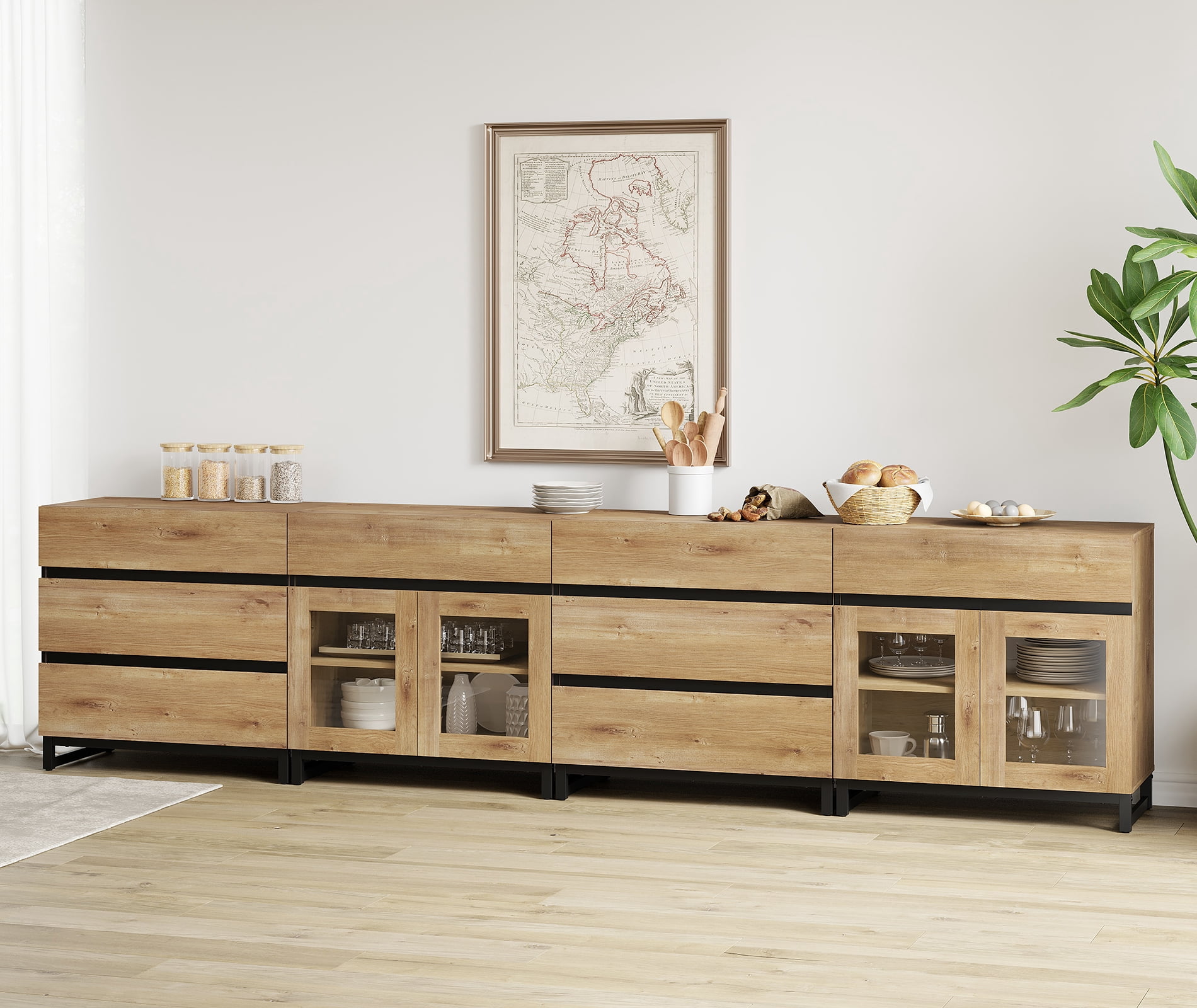 4-In-1 Multifunctional Sideboard Buffet with 8 Drawers, Modern Glass Door Credenza with Adjustable Shelf & Metal Base, Freestanding Storage Cabinet for Kitchen Living Room​,Oak