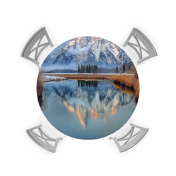 nqOlkjepod Grey Mountain Round Tablecloth, Fitted Table Cover with Elastic for 55"-60" Round Tables, Modern Art Forest Lake Table Cloth Outdoor Indoor Dinning Party Waterproof Tablecloths