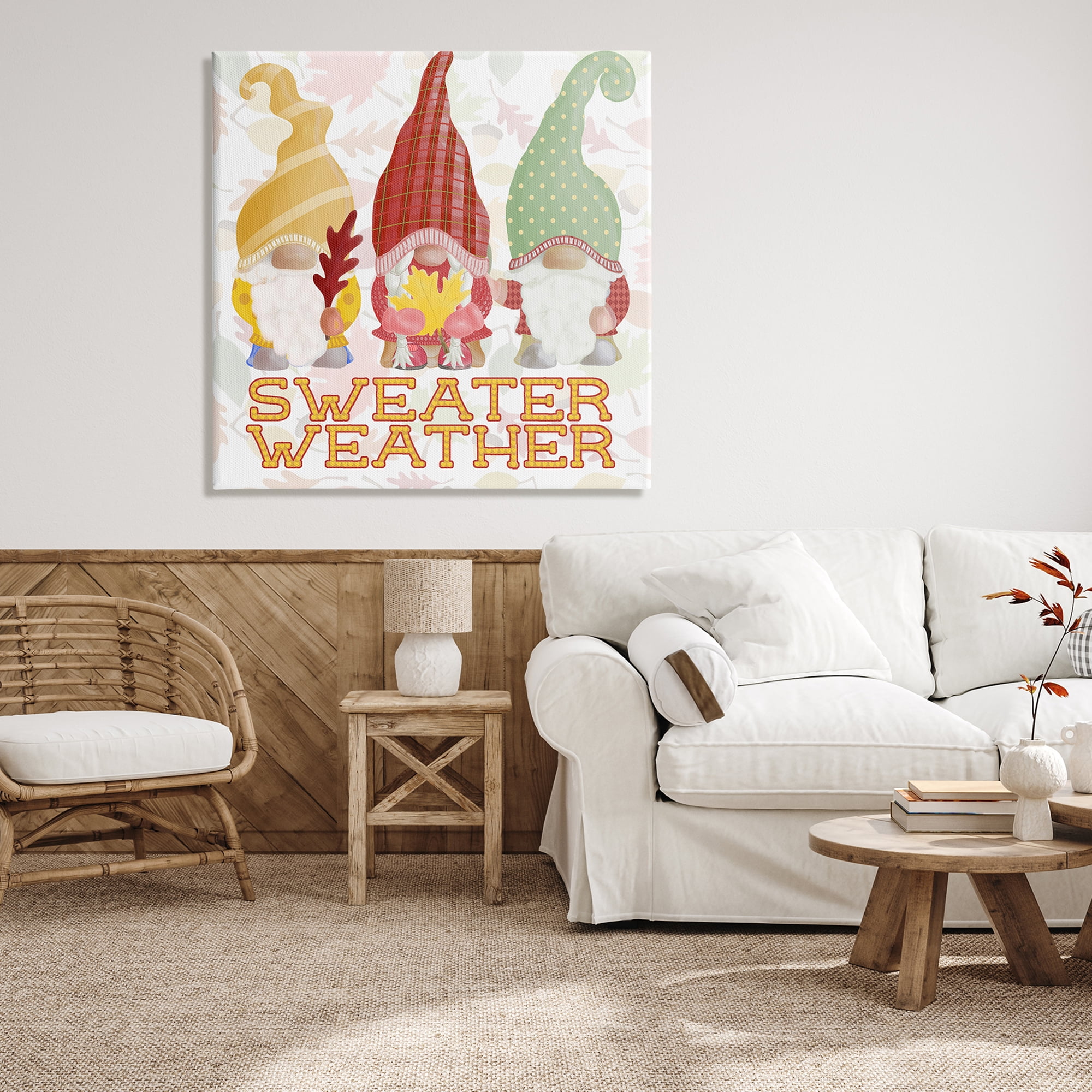 Sweater Weather Warmly Dressed Gnomes Leaf Pattern Inspirational Graphic Art Gallery-Wrapped Canvas Print Wall Art
