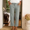thumbnail image 4 of Karymi Sweatpants Women Solid Fake Linen Mid Rise Button Zip Fly Slim Straight Leg Cropped Ankle Length Casual Trouser Pants with Front Slant Pockets Capri Pants for Women, 4 of 5