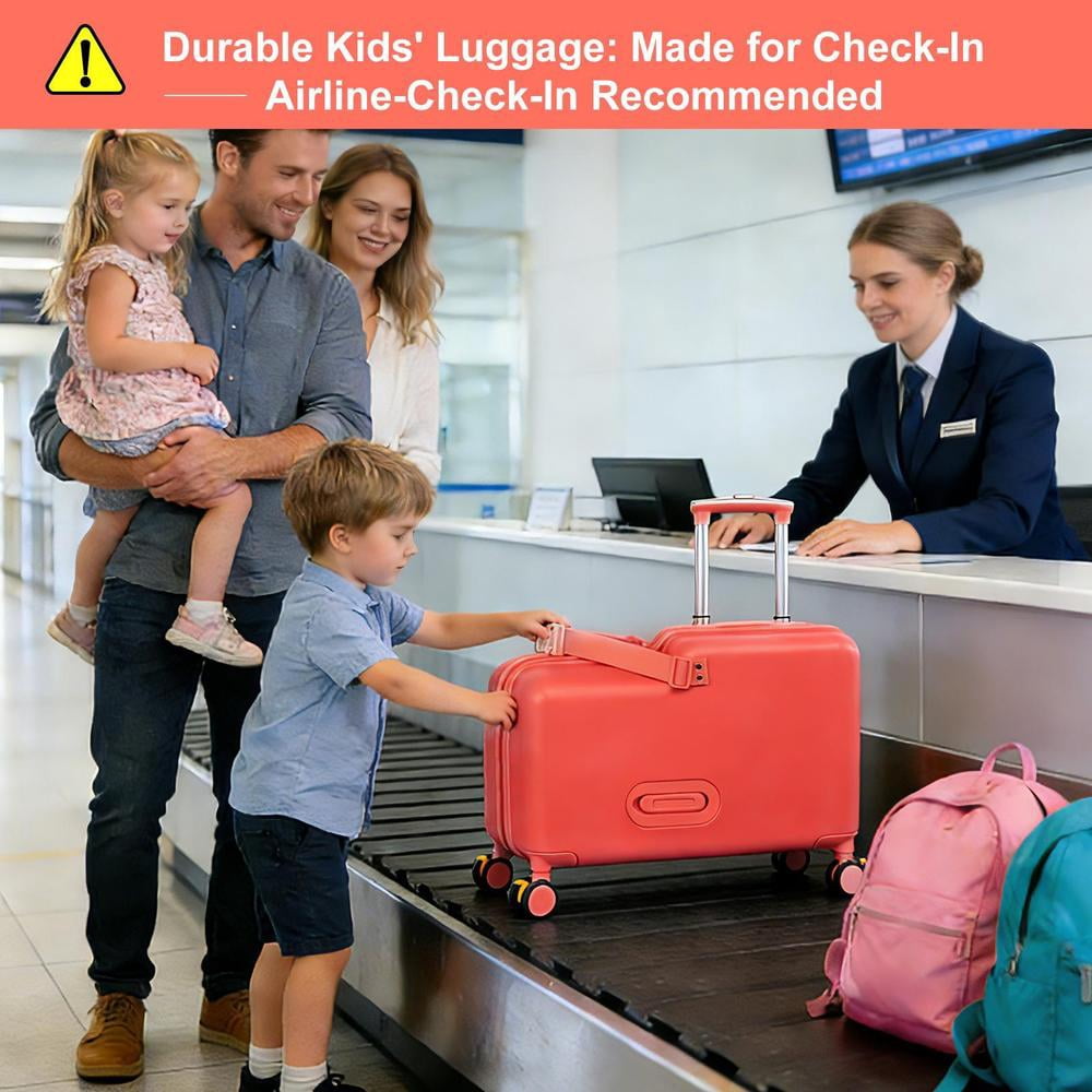 Kids Ride on Suitcase 20 Inch, Childrens Travel Carrier Cabin Case with Foot Pedal Spinner Wheels and Safe Harness Stroller for Boy Girl Travel(Red)