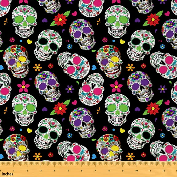 jejeloiu Gothic Skull Skeleton Fabric by the Yard 1 Yard,Boho Bohemain Style Home Decor Fabric by the Yard,Watercolor Flower Floral Sewing Fabric For Teens,Super Cozy Room Decor