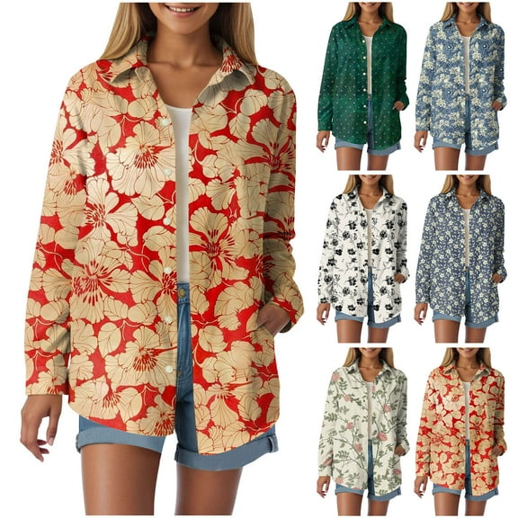 Towmus Womens Button Down Shirts Trendy Floral Printed Long Sleeve Blouses Business Work Shirt Dressy Casual Loose Tops