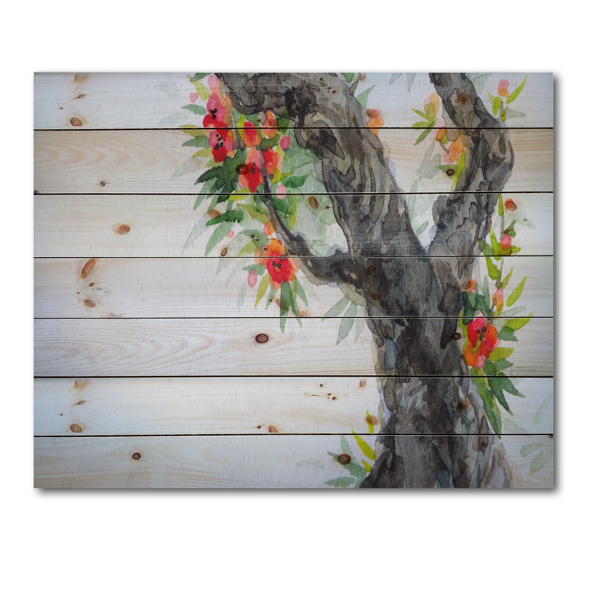 Designart 'Blooming Flowers Of An Old Tree In Spring I' Traditional Print on Natural Pine Wood