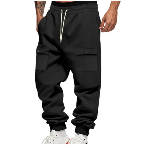 safuny Mens Cargo Sweatpants Heavyweight Elastic Waist with Pockets Baggy Drawstring Jogger Cuffed Pants Black L