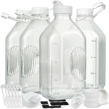4 Pack 64 oz Syntic Glass Milk Jug Pitcher, Juice Bottles with Handle and Pour Spouts for Water, Juice Clear