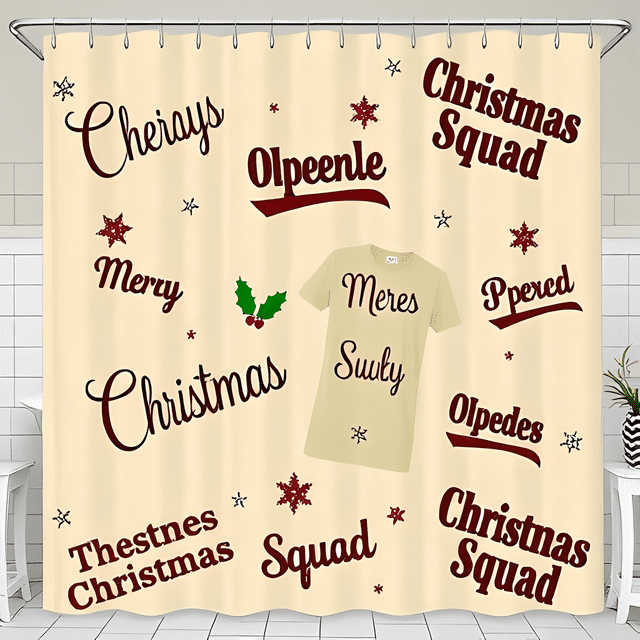 Festive Cream Christmas Shower Curtain with Whimsical Phrases & Snowflakes - Holiday Decor