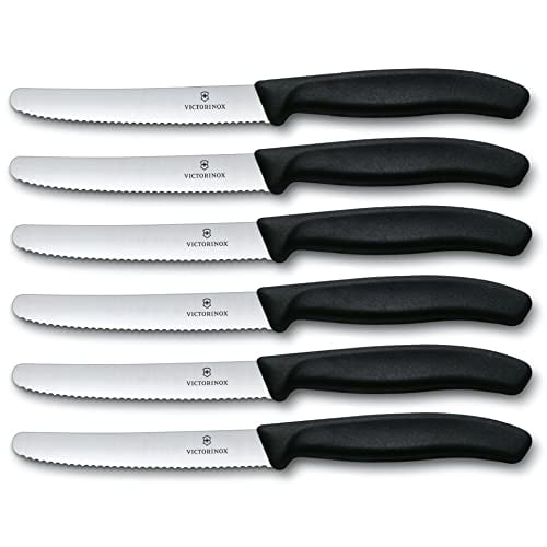 Victorinox Ensemble Classique Suisse de Tomates et de Couteaux de Table pour les Repas Quotidiens en Famille, Lame Dentelée Noire, Ensemble de 6