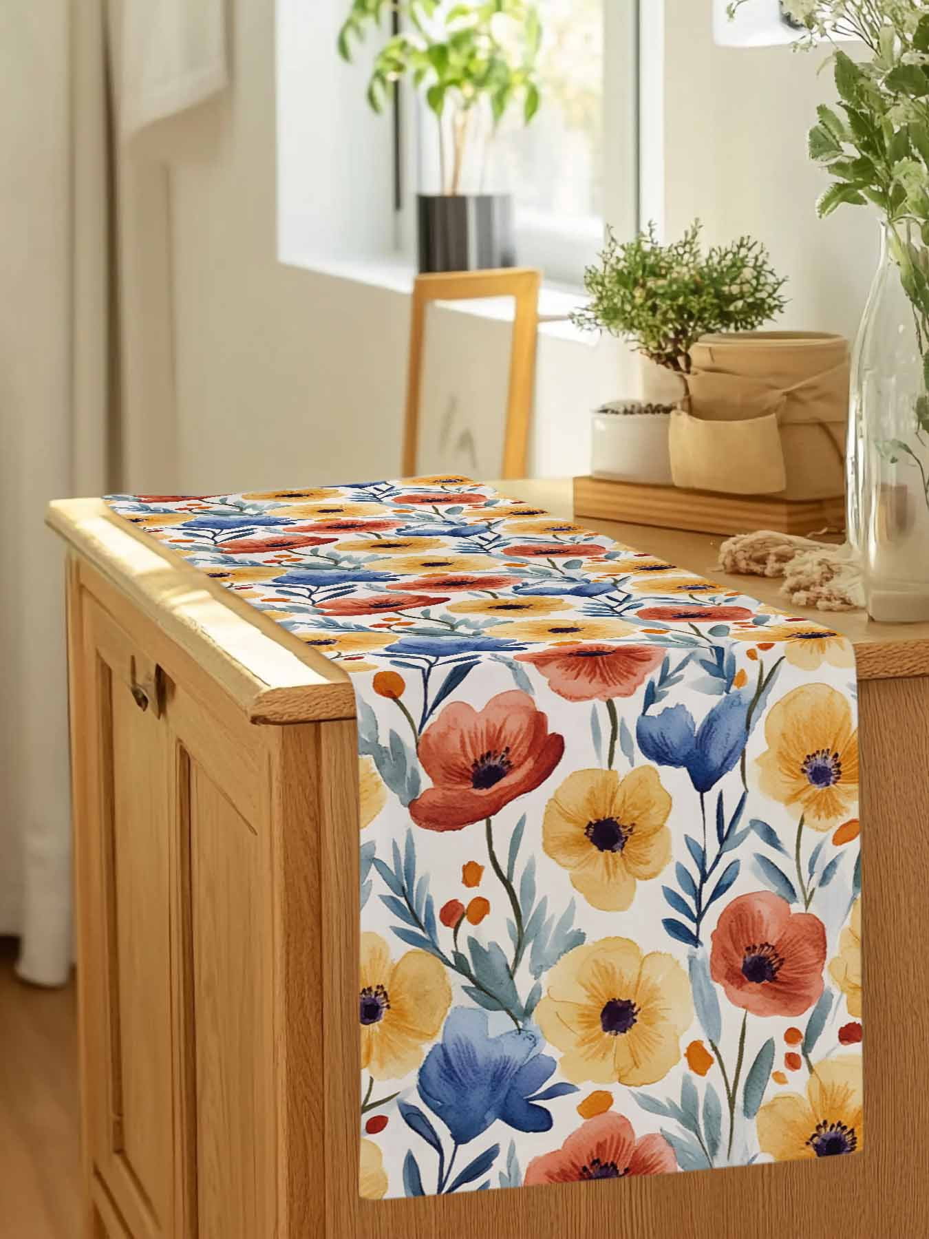 Red Poppy Flower Spring Blossom Floral Table Runner 90 Inches Long, Garden Plant Seamless Table Runners Tabletop Scarf Kitchen Dining Tables Decoration for Home Party Indoor Outdoor